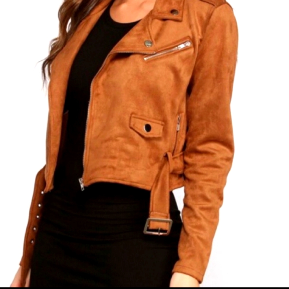 Black label suede crop Moto jacket TAN/CAMEL